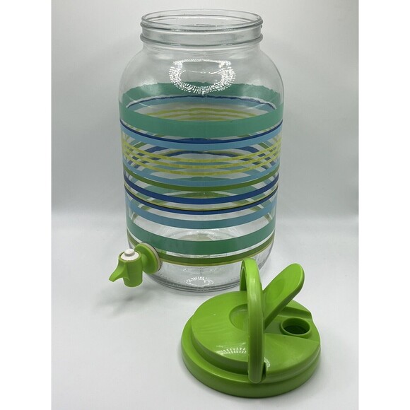 Vintage Clear Glass Jar Spigot Green Lid W/ Stripes Design Martha Stewart 2004 - Picture 2 of 4